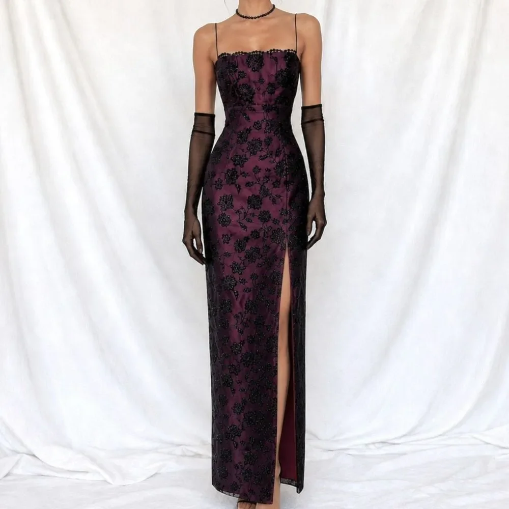 Vintage Y2K Burgundy Red Floral Velvet Side Slit Mesh Bodycon Maxi Prom Dress M